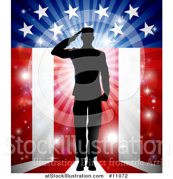 Vector Illustration of a Silhouetted Full Length Male Military Veteran Saluting over an American Themed Flag and Bursts