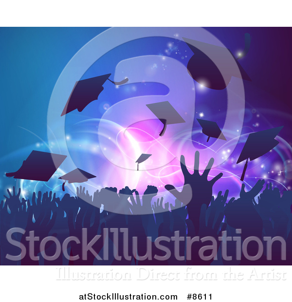 Vector Illustration of a Silhouetted Graduation Crowd Tossing up Their Mortar Board Caps Against Party Lights