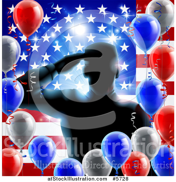 Vector Illustration of a Silhouetted Male Military Veteran Saluting over an American Flag and Balloons