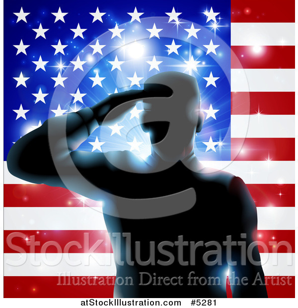 Vector Illustration of a Silhouetted Male Military Veteran Saluting over an American Flag and Bursts