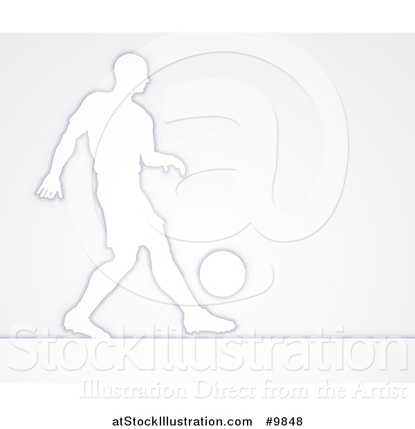 Vector Illustration of a Silhouetted Male Soccer Football Player Dribbling the Ball, over Gray