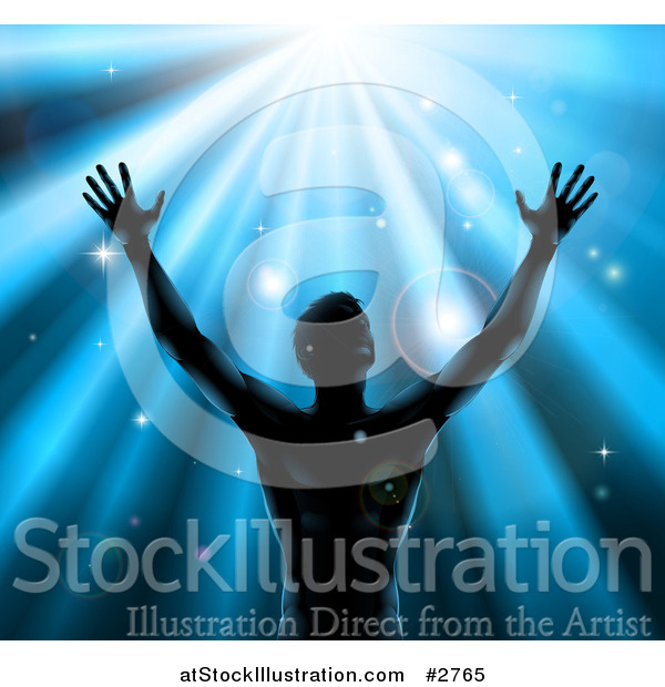 Vector Illustration of a Silhouetted Man Holding up His Arm Under Blue Rays
