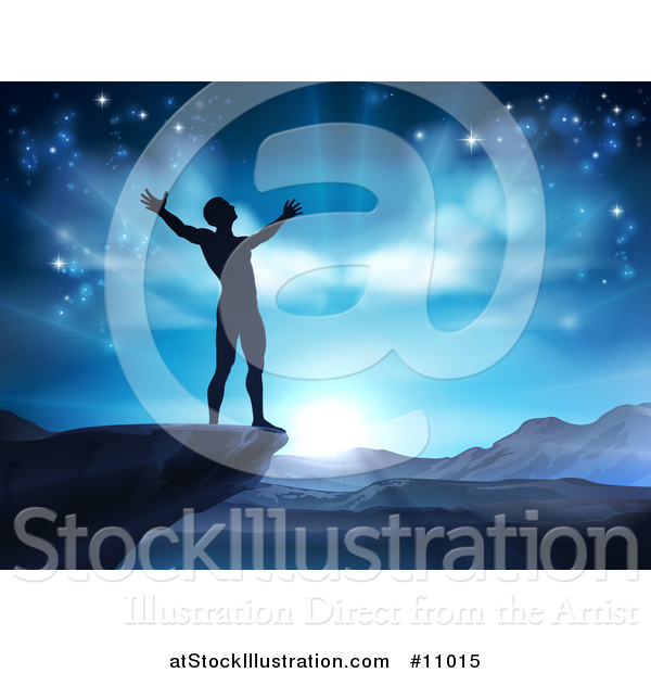 Vector Illustration of a Silhouetted Man in Worship, on a Cliff, Holding His Arms up to a Blue Sky over Mountains