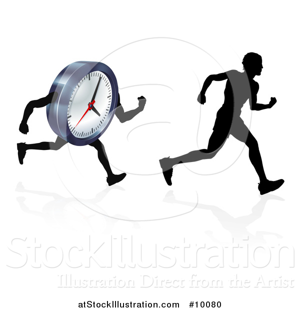Vector Illustration of a Silhouetted Man Racing a Clock Character, with a Reflection