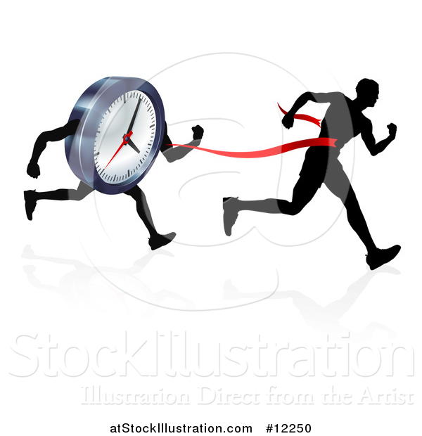 Vector Illustration of a Silhouetted Man Running Through a Finish Line Before a Clock Character