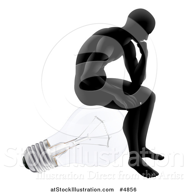 Vector Illustration of a Silhouetted Man Sitting and Thinking on a Light Bulb