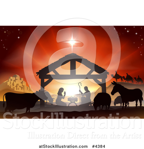 Vector Illustration of a Silhouetted Nativity Scene at the Manger, with Three Wise Men and Animals Under the Star of Bethlehem