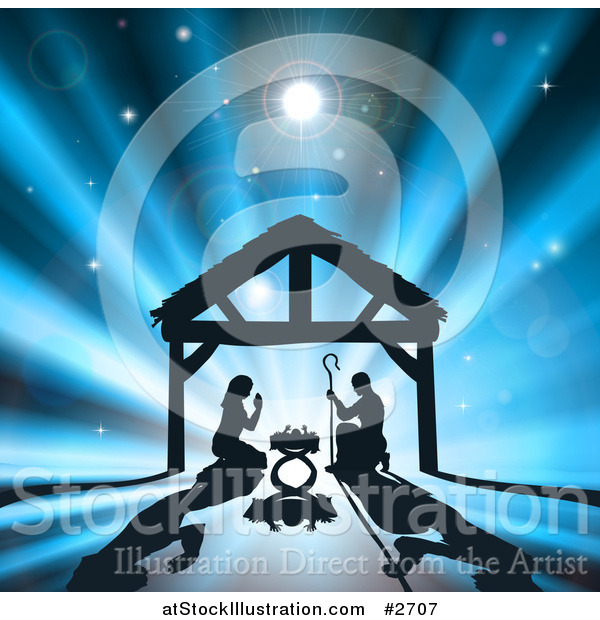 Vector Illustration of a Silhouetted Nativity Scene of Baby Jesus in the Manger the Virgin Mary and Joseph Against Rays