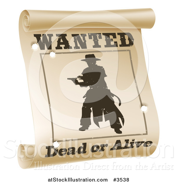Vector Illustration of a Silhouetted Outlaw on a Wanted Dead or Alive Poster with Bullet Holes