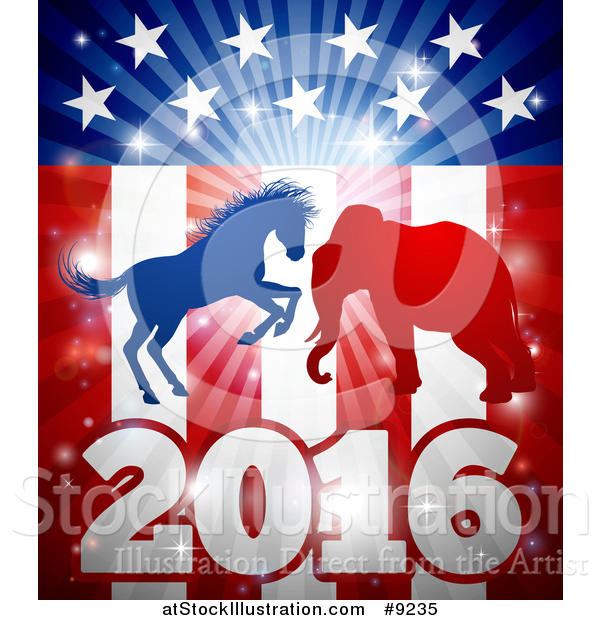 Vector Illustration of a Silhouetted Political Aggressive Democratic Donkey or Horse and Republican Elephant Battling over an American Flag and Burst