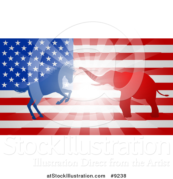 Vector Illustration of a Silhouetted Political Aggressive Democratic Donkey or Horse and Republican Elephant Battling over an American Flag and Burst