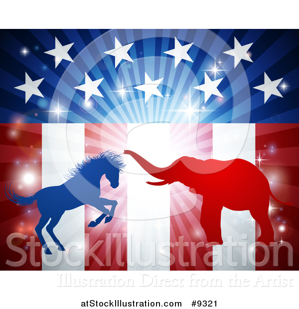 Vector Illustration of a Silhouetted Political Aggressive Democratic Donkey or Horse and Republican Elephant Battling over an American Flag and Burst