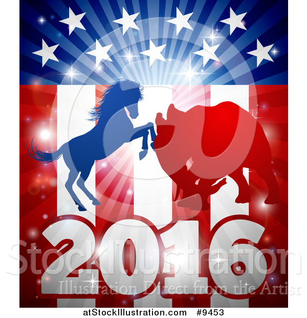 Vector Illustration of a Silhouetted Political Aggressive Democratic Donkey or Horse and Republican Elephant Battling over an American Flag and Burst