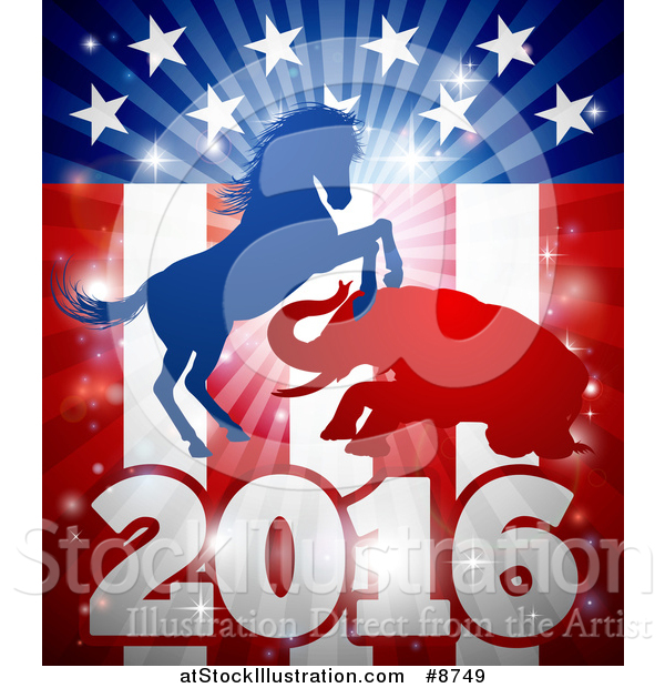 Vector Illustration of a Silhouetted Political Aggressive Democratic Donkey or Horse and Republican Elephant Fighting over a 2016 American Flag and Burst