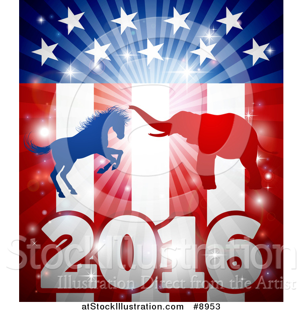 Vector Illustration of a Silhouetted Political Aggressive Democratic Donkey or Horse and Republican Elephant Fighting over a 2016 American Flag and Burst