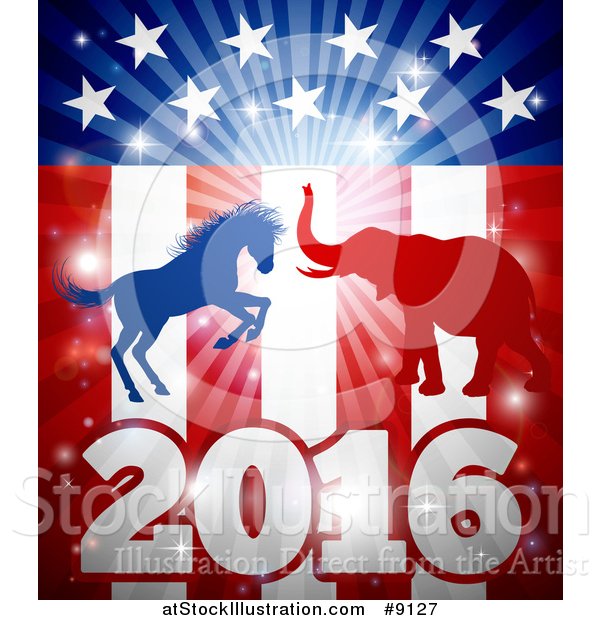 Vector Illustration of a Silhouetted Political Aggressive Democratic Donkey or Horse and Republican Elephant Fighting over a 2016 American Flag and Burst