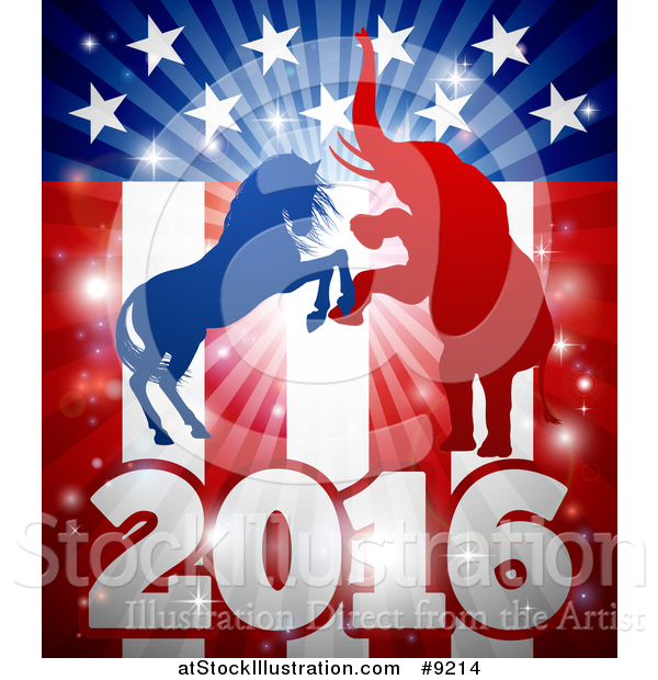 Vector Illustration of a Silhouetted Political Aggressive Democratic Donkey or Horse and Republican Elephant Fighting over a 2016 American Flag and Burst