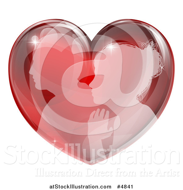 Vector Illustration of a Silhouetted Profiled Couple in a Reflective Red Heart