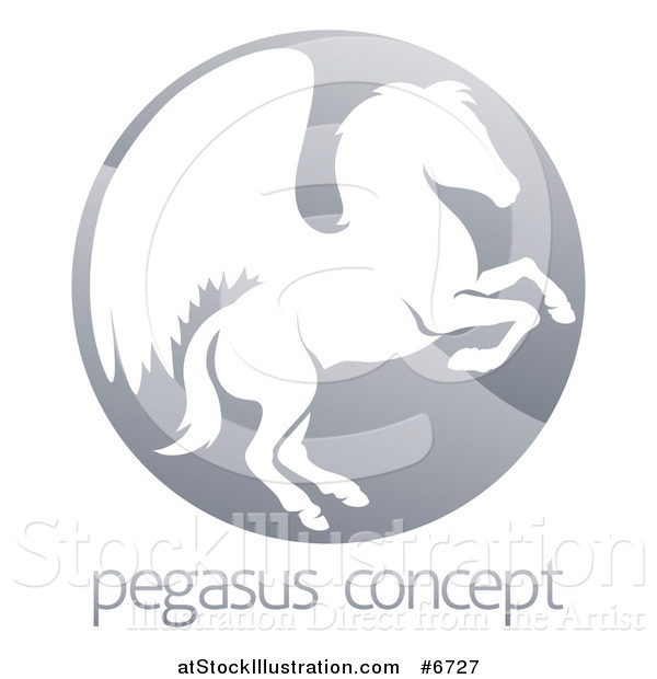 Vector Illustration of a Silhouetted Rearing Pegasus Winged Horse in a Shiny Gray Circle over Sample Text