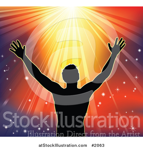 Vector Illustration of a Silhouetted Religious Man Holding His Arms up to Sunshine