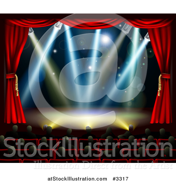 Vector Illustration of a Silhouetted Theater Audience Facing a Stage with Lights