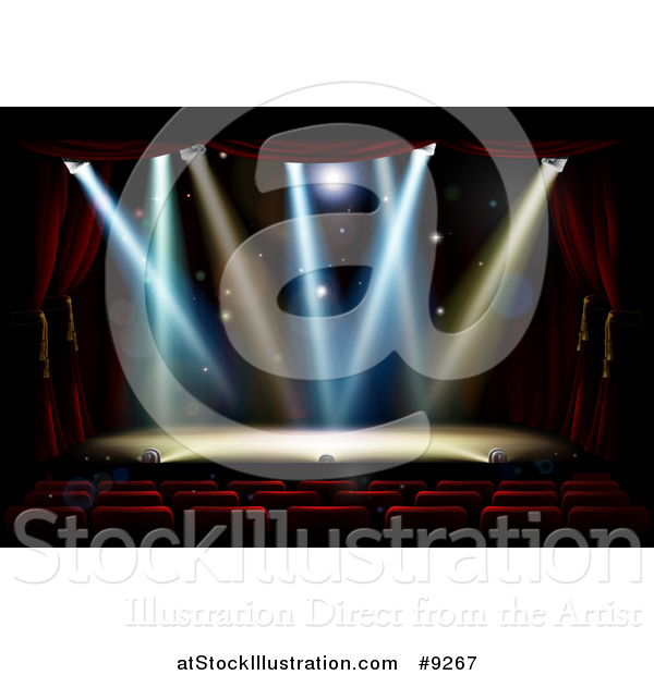 Vector Illustration of a Silhouetted Theater Audience Facing a Stage with Lights