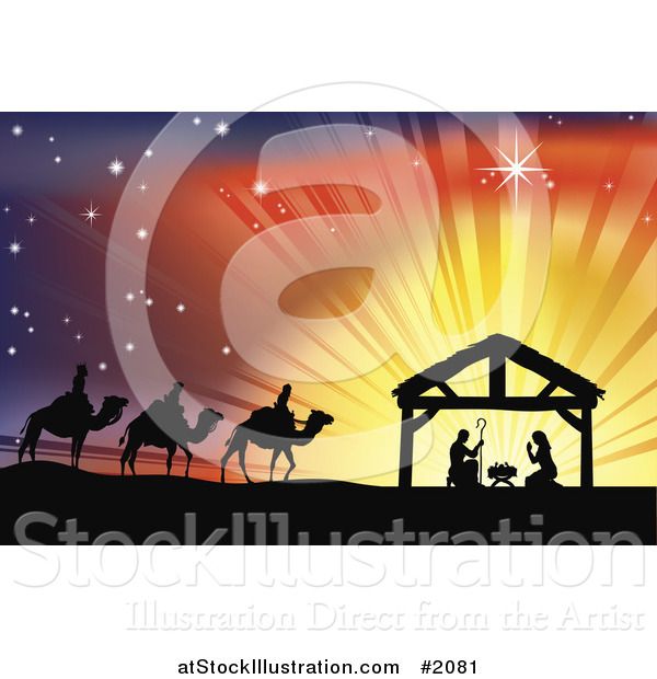 Vector Illustration of a Silhouetted Traditional Christian Nativity Scene with the Three Wise Men and the Manger Against Rays