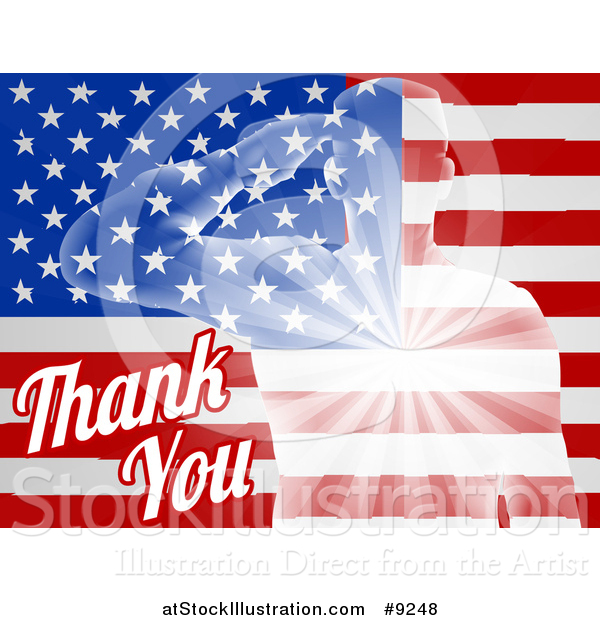 Vector Illustration of a Silhouetted Transparent Saluting Soldier over an American Flag and Thank You Text for Veterans Day