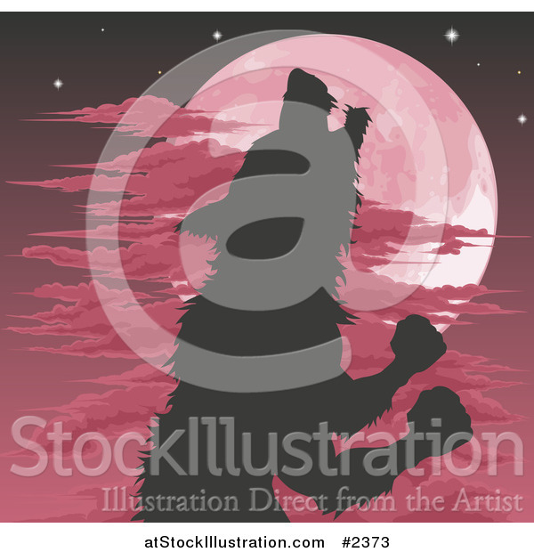 Vector Illustration of a Silhouetted Werewolf Howling Against a Red Full Moon