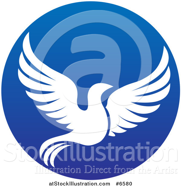 Vector Illustration of a Silhouetted White Dove Flying in a Blue Circle