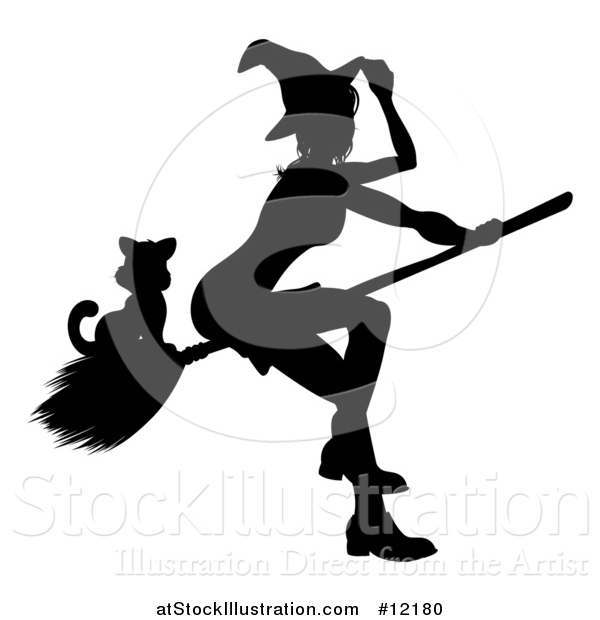 Vector Illustration of a Silhouetted Witch Tipping Her Hat and Flying on a Broomstick with a Cat