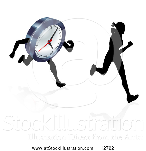 Vector Illustration of a Silhouetted Woman Racing a Clock Character