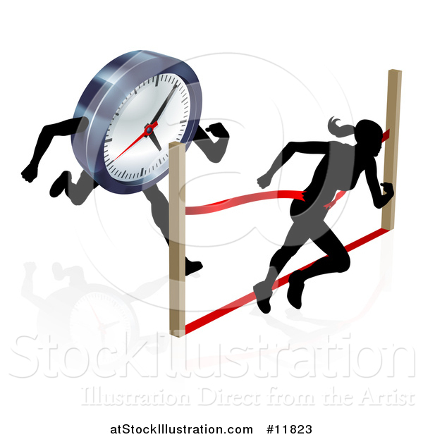 Vector Illustration of a Silhouetted Woman Racing Against the Clock, Running Through a Finish Line