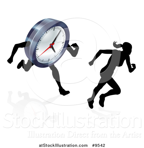 Vector Illustration of a Silhouetted Woman Sprinting Before a Clock Character