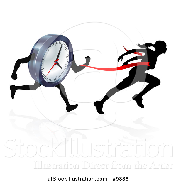 Vector Illustration of a Silhouetted Woman Sprinting Through a Finish Line Before a Clock Character