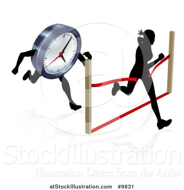 Vector Illustration of a Silhouetted Woman Sprinting Through a Finish Line Before a Clock Character