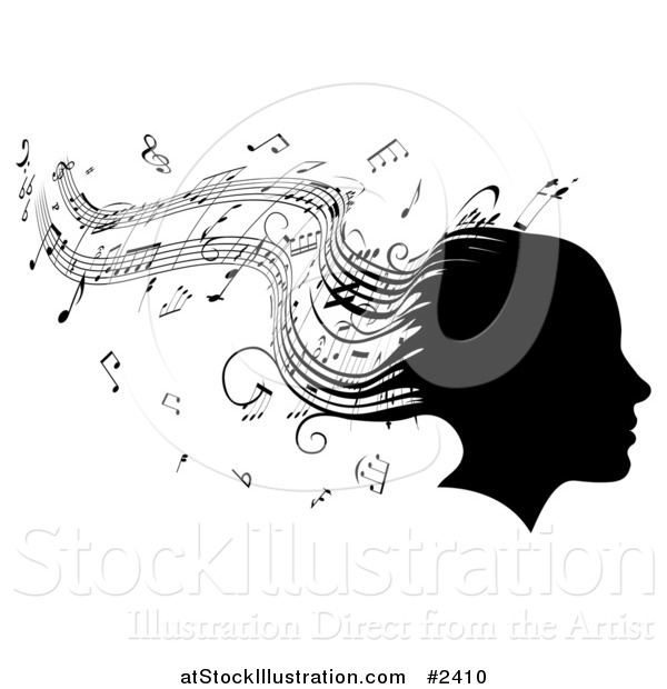 Vector Illustration of a Silhouetted Womans Head with Music Sheet Hair