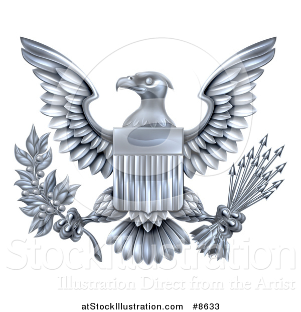 Vector Illustration of a Silver Great Seal of the United States Bald Eagle with an American Flag Shield, Holding an Olive Branch and Arrows