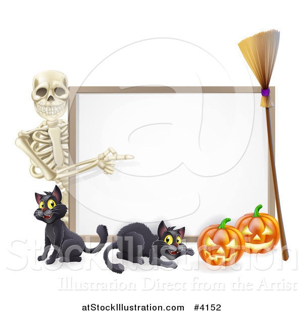 Vector Illustration of a Skeleton Pointing to a Halloween Sign with Black Cats a Broomstick and Pumpkins