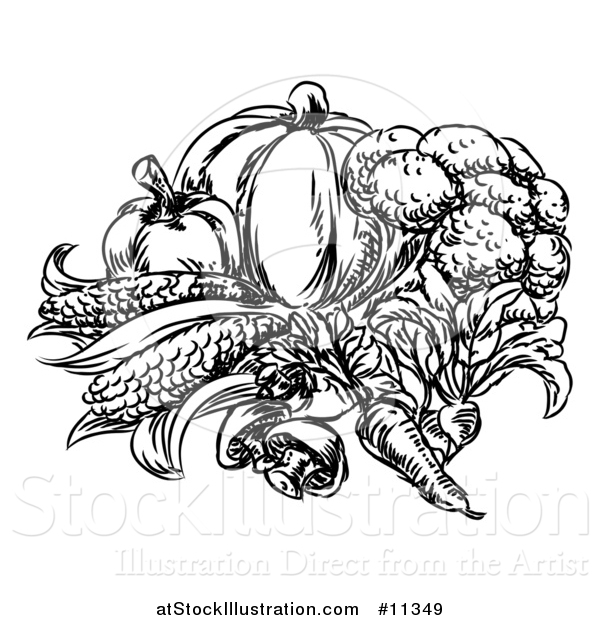 Vector Illustration of a Sketched Black and White Group of Vegetables