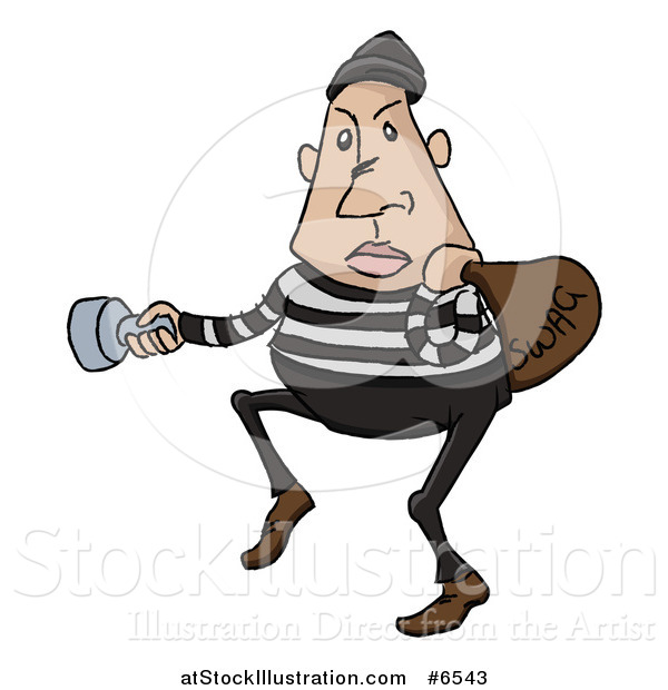 Vector Illustration of a Sketched Cartoon Caucasian Male Burglar Shining a Flashlight