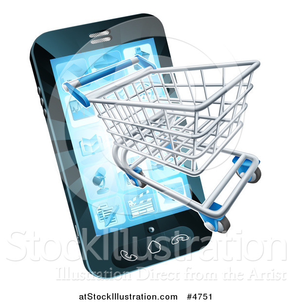 Vector Illustration of a Smartphone with a Shopping Cart Emerging from the Screen