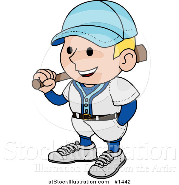 Vector Illustration of a Smiling Baseball Player Man in a Blue and White Uniform, Resting a Bat on His Shoulder