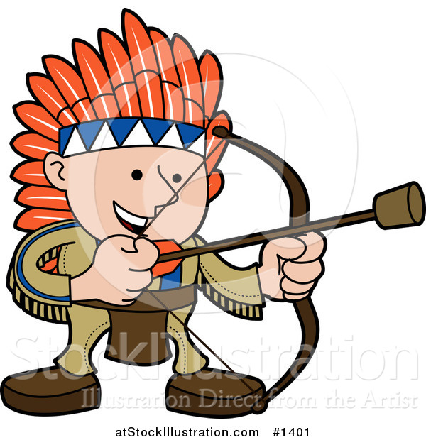 Vector Illustration of a Smiling Boy in a Native American Indian Costume of Leather and Feathers, Shooting an Arrow with a Cork on the Tip