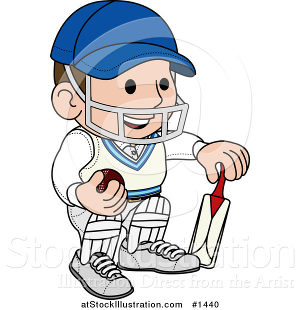 Vector Illustration of a Smiling Cricket Player with a Helmet, Ball and Bat