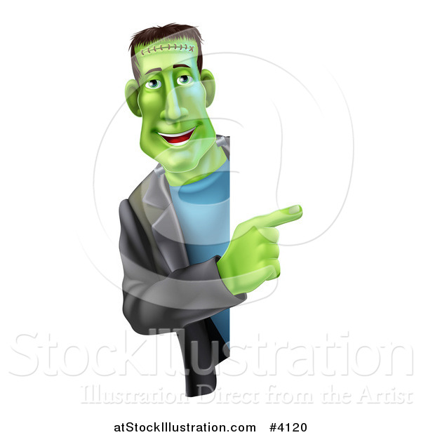 Vector Illustration of a Smiling Frankenstein Looking Around and Pointing to a Sign