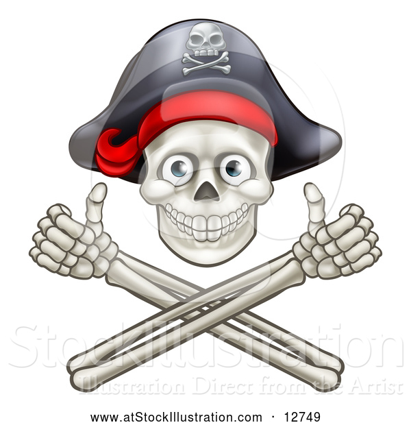 Vector Illustration of a Smiling Pirate Skull with Cross Bones Jolly Roger Giving Thumbs up Hand Gesture