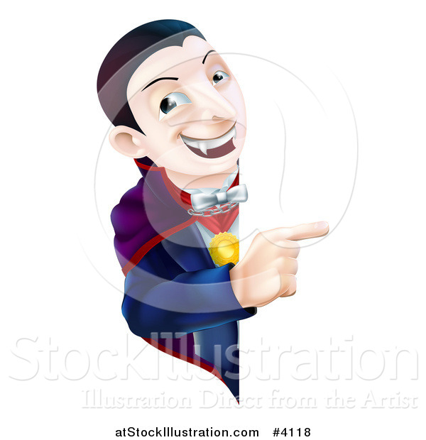 Vector Illustration of a Smiling Vampire Looking Around and Pointing to a Sign