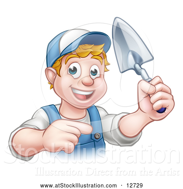 Vector Illustration of a Smiling White Male Mason Posing with a Trowel and Pointing