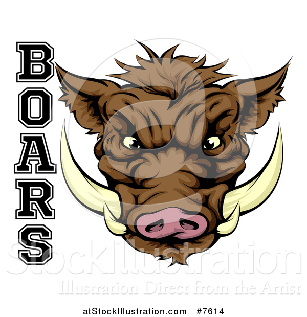 Vector Illustration of a Snarling Brown Boar Mascot Head with Text